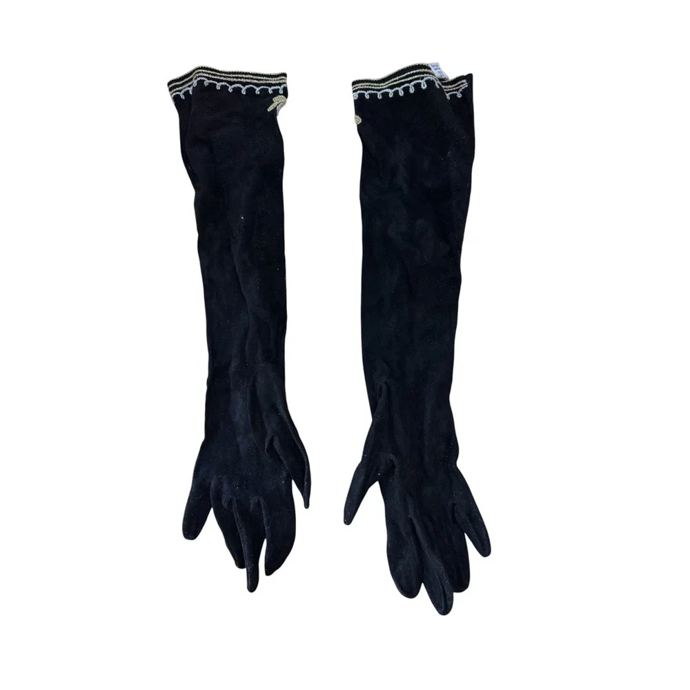 Vintage Blk Suede Opera Length Gloves Gold Silver Floral Embroidery Formal 15in